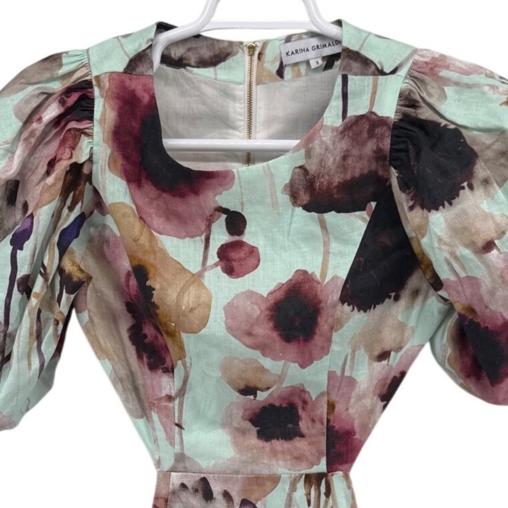 Karina Grimaldi Floral Linen Puff Sleeve Cutout Back Mini Dress Mint Green‎ S